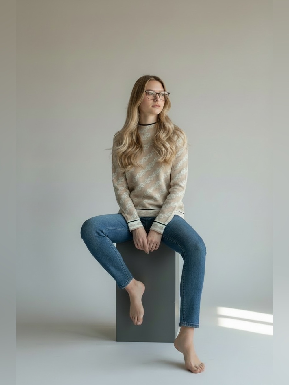 Ann Taylor Beige & White Chain-Print Turtleneck Sweater